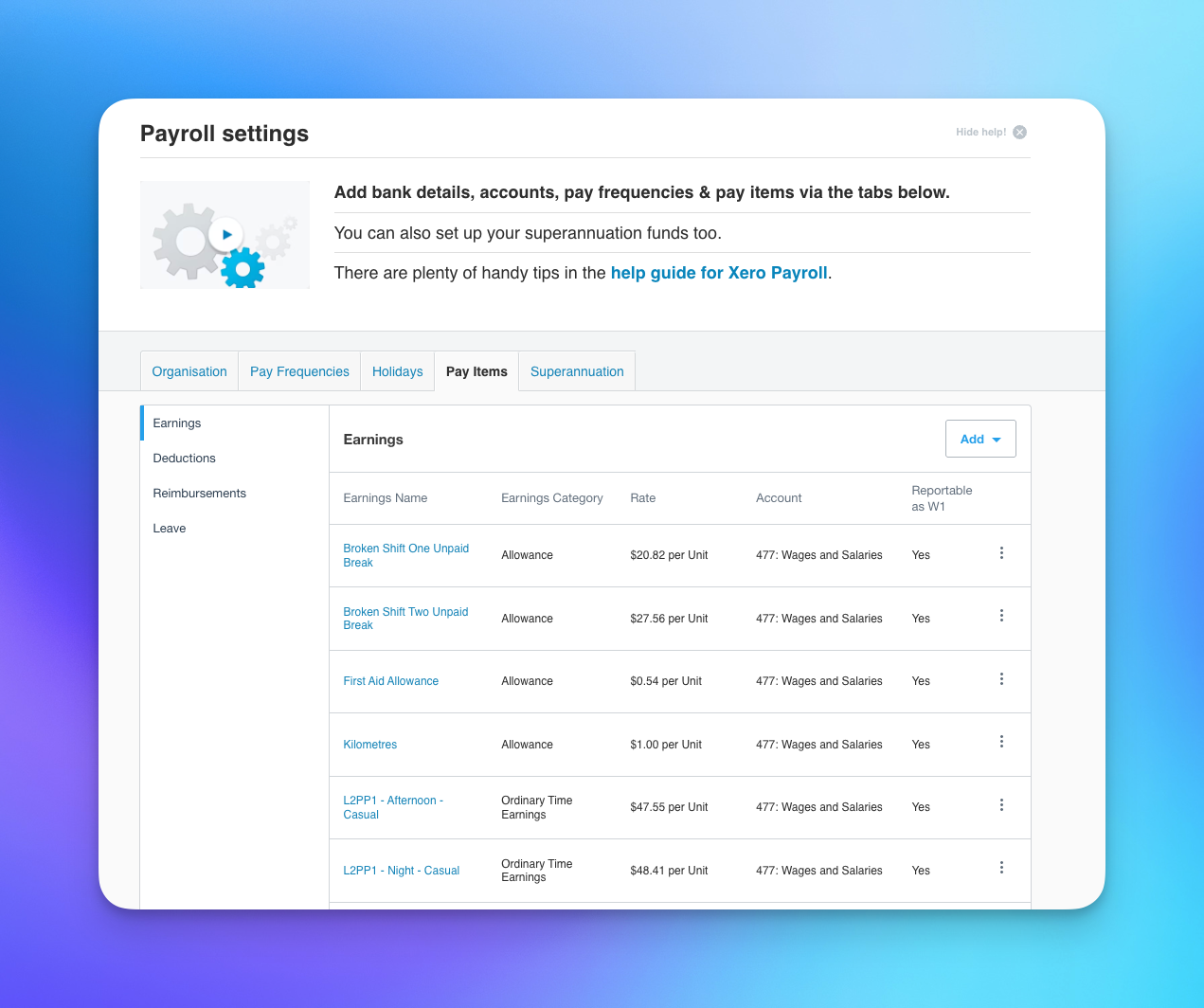 Setting up Pay Items in Xero